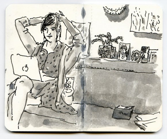 M. doing homework (or watching tv)