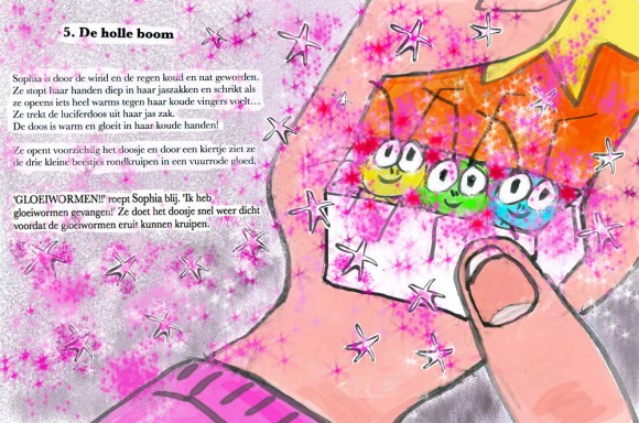Page 28 and 29 Sophia is cold and wet from the wind and rain. She shoves her hands deep into her jacket pocket and jumps as she suddenly feels something warm against her cold fingers... She pulls the matchbox out of her jacket pocket. The box is warm and glows against her cold hands! Carefully she pushes open the matchbox and through the small gap she spies inside three little insects crawling around in a fiery red glow. 'GLOWWORMS!' Sophia cries happily. 'I've captured glowworms!' and quickly she closes the matchbox before the glowworms can escape.